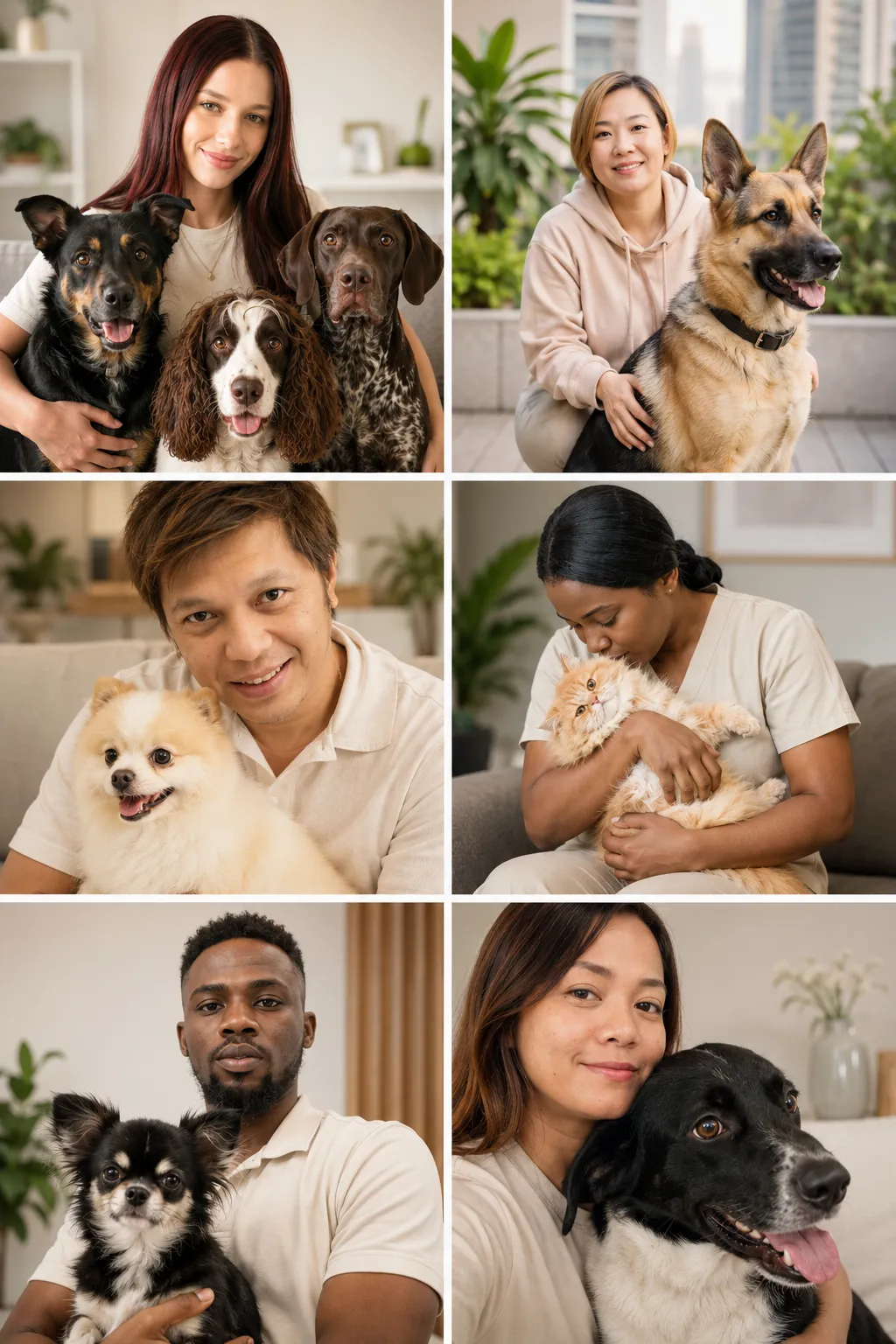 A grid of Pet House Call UAE specialists caring for dogs and a cat in Dubai homes